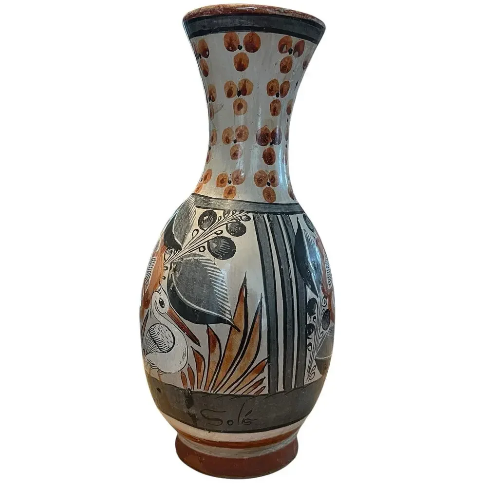 Tonala Oil Water Vase Jug Vintage Signed Solis Rustic Mexican Birds Plants Retro - Picture 2 of 14